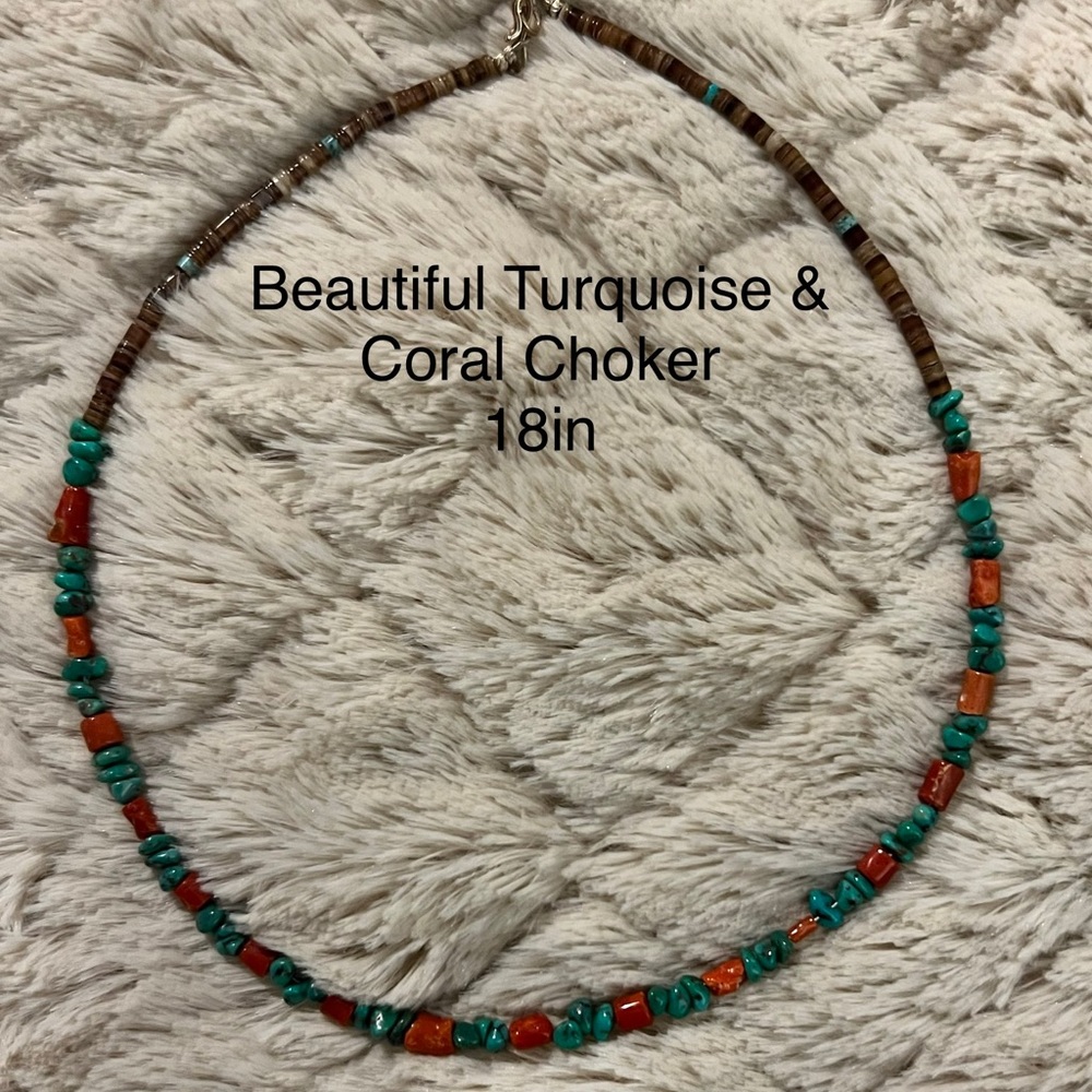 Turquoise and Coral Choker 18in